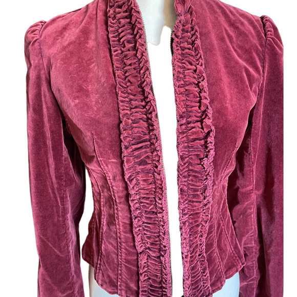 Express Women Ruffle Corset Fitted Velvet Victorian Style Jacket Size 0 Burgundy - Picture 4 of 7